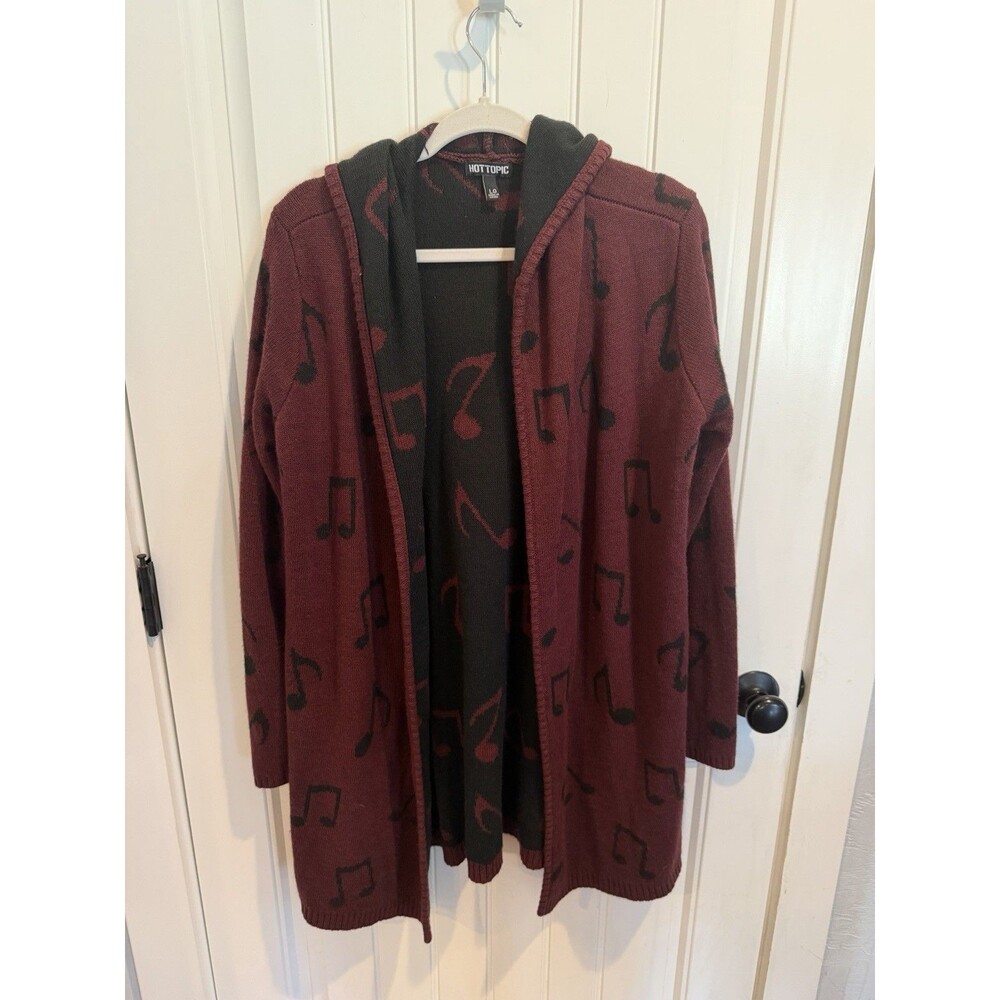 Hot Topic Womens L Hooded Cardigan Sweater Burgundy Black Music Notes 2015